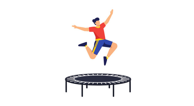 Man jumping on a trampoline, fitness and fun activity, flat illustration
