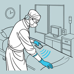 Medical professional using a handheld device to scan a patient's wrist in a hospital room © Marjan