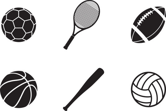 Sports Equipment Icon Set Black And White Vector Silhouette Collection