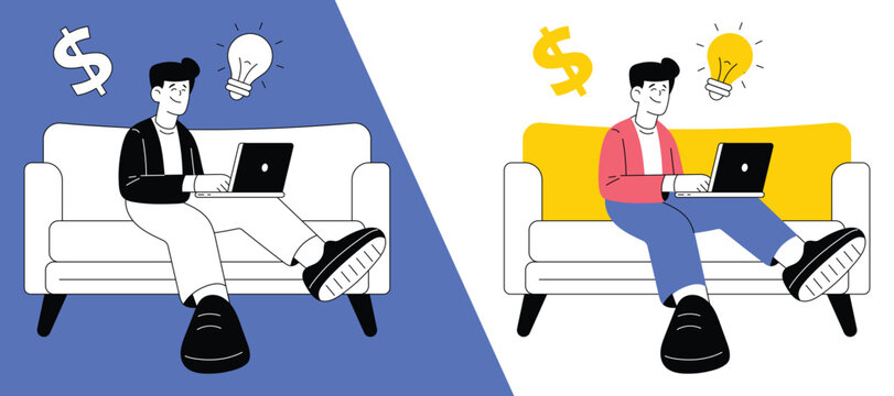 Man working on laptop on sofa with money and idea symbols