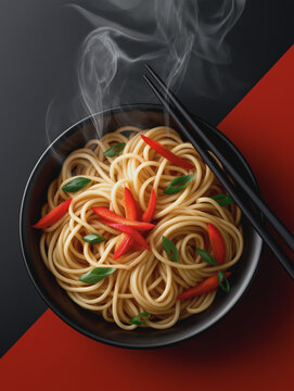 Bowl of Chinese noodles ready to eat with chopsticks