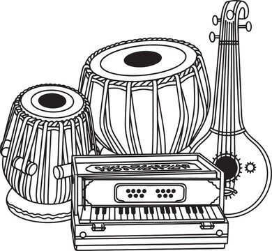 traditional indian musical instruments on white background