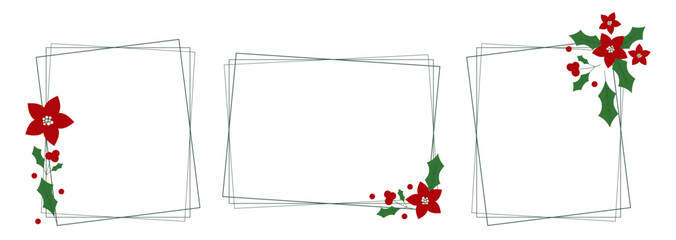Square Christmas frames with poinsettia flowers and holly berries. Decorative elements for design, greeting cards, invitations, sales, interior. © YevgeniyaKoln