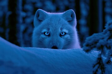 Obraz premium An arctic fox looks over a snowy ridge in a dark winter scene. Only its eyes and ears show, creating a sense of curiosity in the atmosphere.