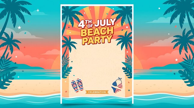 Colorful tropical beach party poster with palm trees and sunset sky
