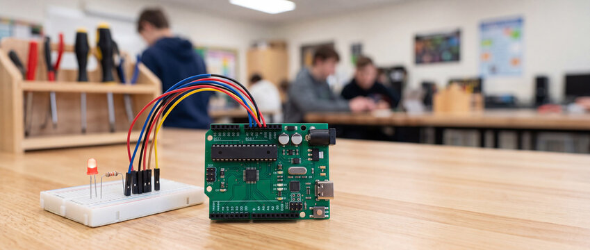 Microcontroller board and breadboard prototype on classroom table with students learning electronics and stem