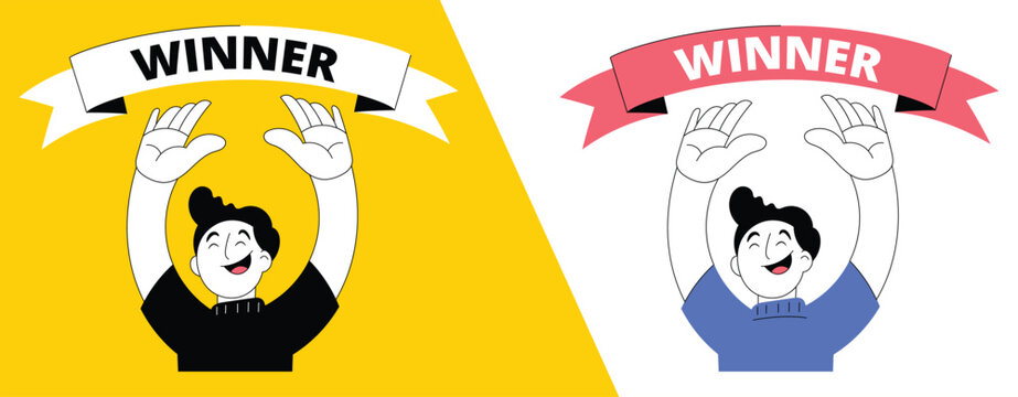 Happy person holding up a winner banner illustration