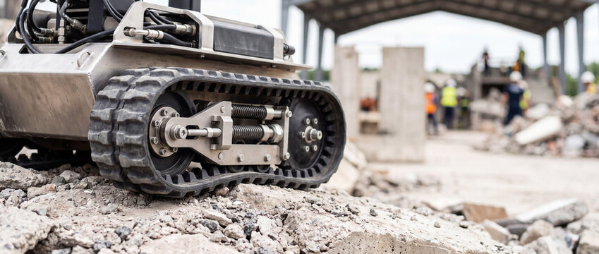 Remote tracked robot working on demolition site among rubble with construction workers in background