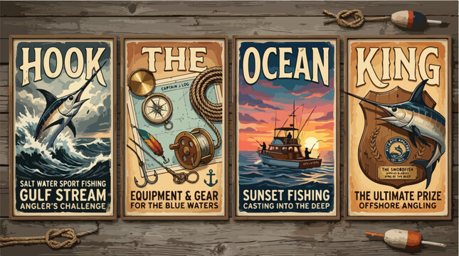 Vintage-style fishing and ocean-themed posters featuring a hook, equipment, sunset fishing scene, and kingfish
