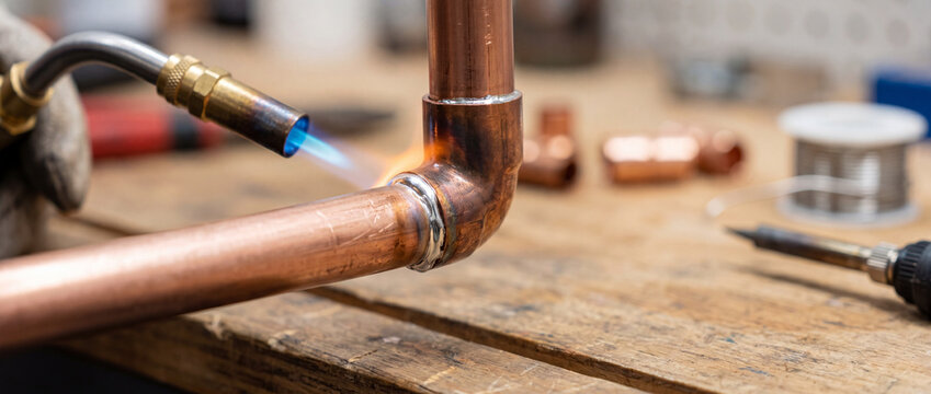 Plumber soldering copper pipe elbow with torch on wooden workbench during plumbing repair