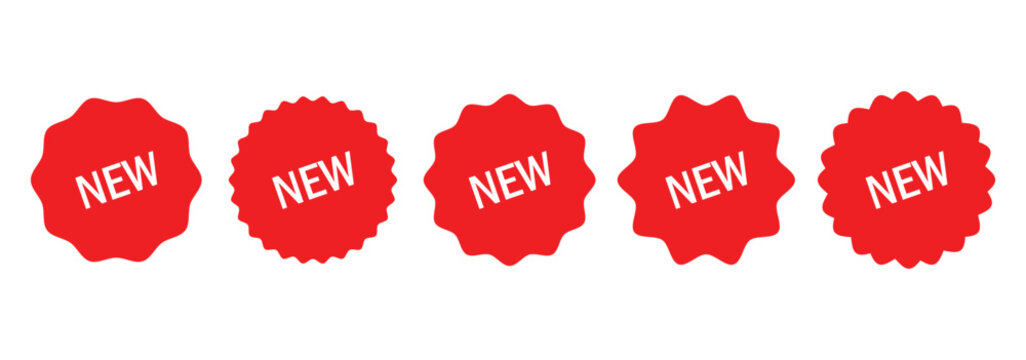New tag symbol icon, new product, novelty, newest item. new badge vector icon . special offer tag . New arrival tag icon set. Red new sale label. New Sticker Set Zigzag Discount Price Drop Special Pri