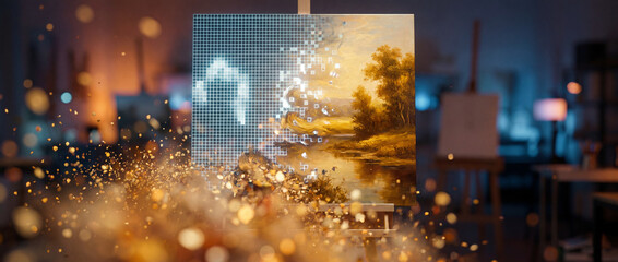 Fototapeta premium Classic landscape painting undergoing pixelated transformation in warm artist studio. AI image creation concept