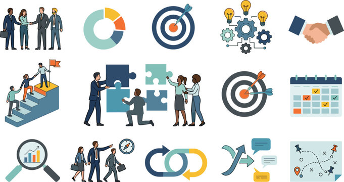Set of business strategy and teamwork vector icons featuring diverse professionals collaborating solving puzzles analytics charts targets and roadmaps