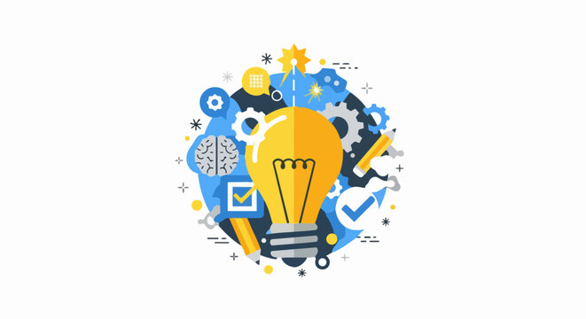 Innovation and Creativity Concept: Vector Illustration of a Glowing Lightbulb Surrounded by Logic, Strategy, and Brainstorming Icons for Business and Education