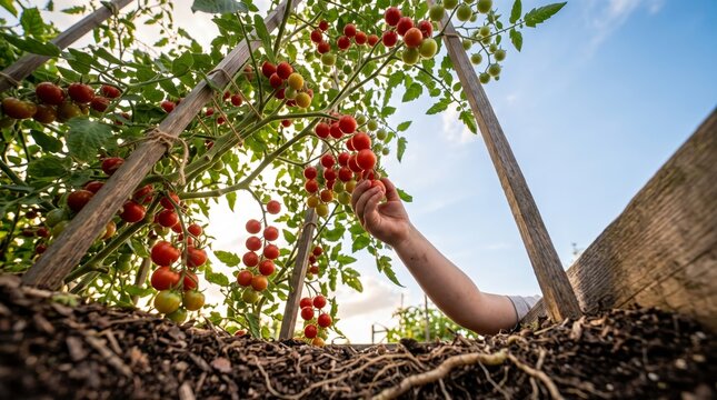 person picking cherry tomatoes from plant in garden bed
