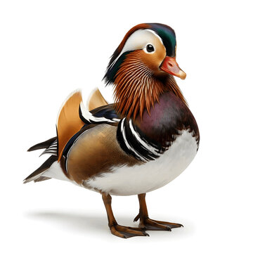 Mandarin Duck Elegance: A stunning mandarin duck stands poised, showcasing its vibrant plumage and unique crest, a symbol of natural artistry.