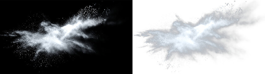 Fototapeta premium White dust particle sprite impact effect with misty edges isolated on transparent and black background, showing a burst of fine particles, PNG with a light overlay