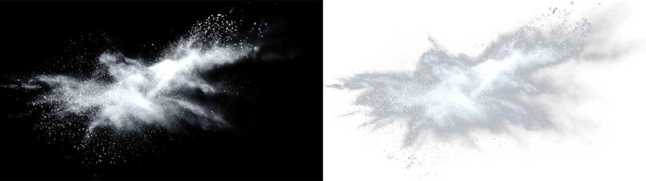White dust particle sprite impact effect with misty edges isolated on transparent and black background, showing a burst of fine particles, PNG with a light overlay