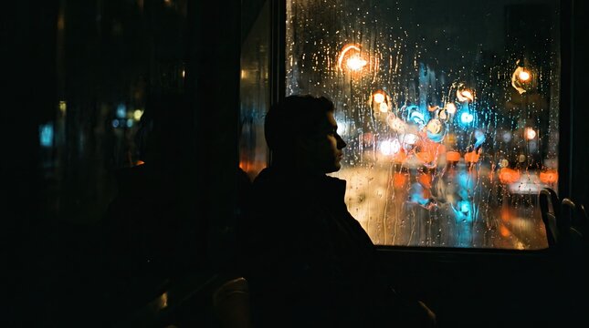 Sad man sitting alone on public transport at night while looking through rainy window in urban city.