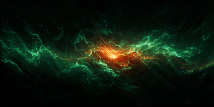 Cosmic nebula vibrant hues emerald green fiery orange, vast celestial expanse, ethereal glow, deep space phenomenon.