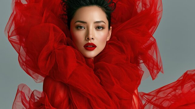 High-resolution fashion portrait of a woman wrapped in a dynamic, flowing cascade of bright red tulle fabric that creates an abstract, voluminous shape
