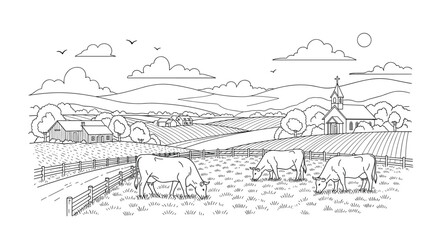 Fototapeta premium Countryside farm landscape sketch with cows grazing in pasture, hills, church, and wooden fence, vector line art.