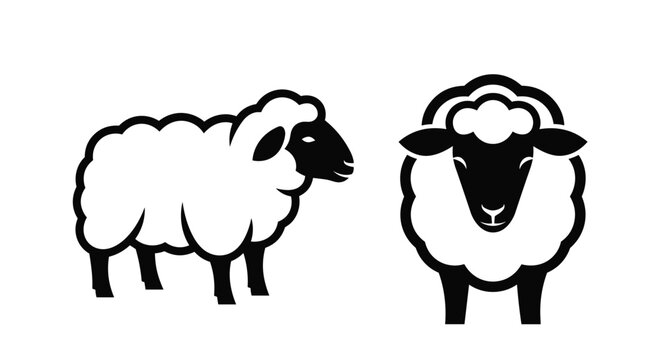 Black and white vector silhouettes of domestic sheep shown from side view and front view, simple farm animal icons.