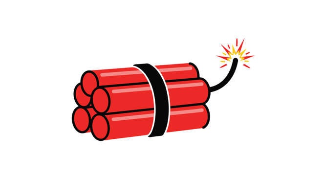 Red dynamite sticks bundle with a burning fuse in clean cartoon vector illustration isolated on white background.