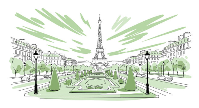 Hand drawn sketch of Paris cityscape with Eiffel Tower and street lights in French capital using green pastel accents.