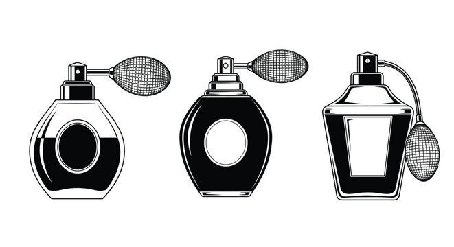 Vintage perfume atomizer bottles with pump sprayers in classic black and white engraving illustration style for cosmetic design.