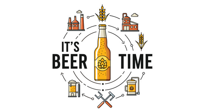 Brewing process line icons circle around a beer bottle with retro typography saying its beer time on white background.