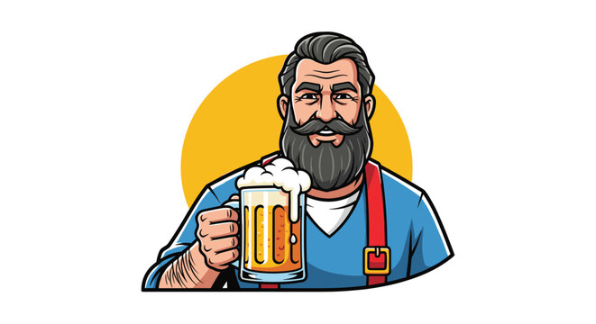 Cheerful bearded man holding a mug of foaming beer in colorful cartoon vector illustration with yellow circle background.
