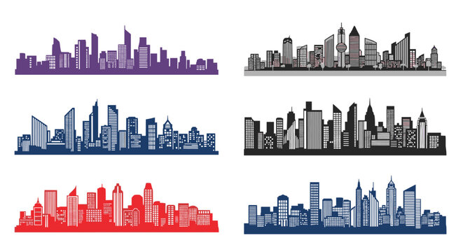 Silhouette set of various city skylines with skyscrapers and modern architectural buildings in different colors.