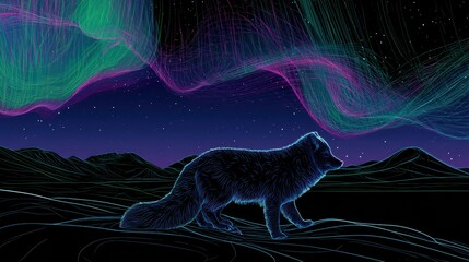 Obraz premium An arctic fox moves under the bright northern lights with shades of green, violet, and pink in the dark night sky of the Arctic.