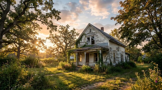 A picturesque fixer upper house nestled in a lush, overgrown rural meadow during a golden hour sunset, showcasing rustic charm and peaceful isolation