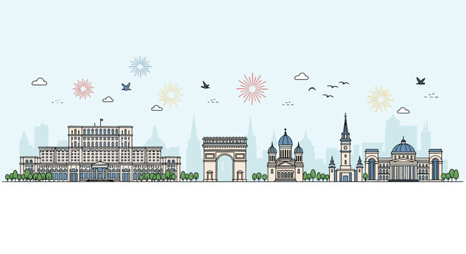 Elegant panoramic thin line art illustration of the Bucharest city skyline in Romania with famous historic architectural monuments.