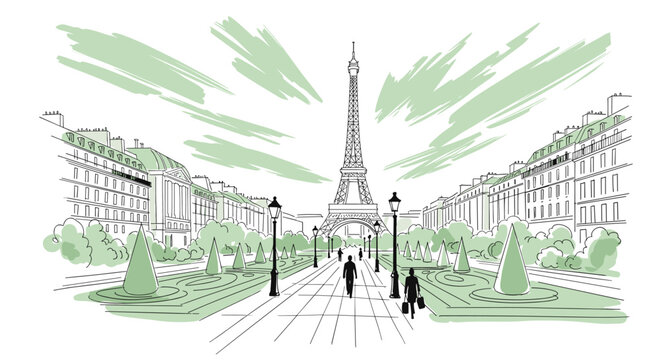 Artistic green and black ink sketch of the Eiffel Tower in Paris looking down an elegant boulevard with strolling pedestrians.