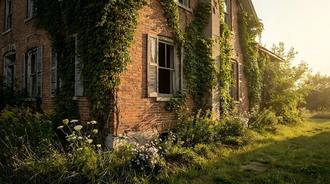 An old brick fixer upper house with overgrown ivy and worn shutters at golden hour shows the potential for architectural restoration and historic charm