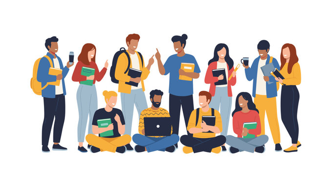 Diverse group of young college students standing and sitting together while holding books, bags, and using a laptop.