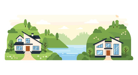 Naklejka premium Charming suburban landscape vector illustration featuring two modern cottages by a calm lake with green hills in the distance.
