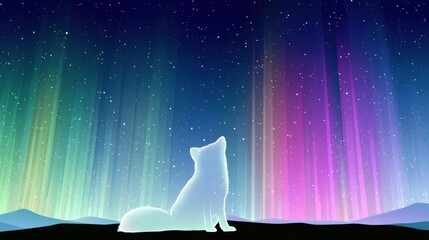 Naklejka premium An arctic fox stands still as vibrant northern lights glow above in shades of green, violet, and pink in a dark sky.
