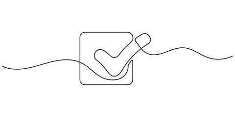 Obraz premium Check Mark One Line Drawing Minimalist Verification Icon Vector Illustration
