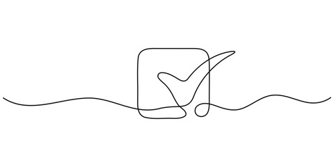 Obraz premium Check Mark One Line Drawing Minimalist Verification Icon Vector Illustration