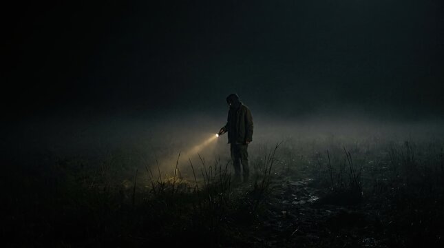 Person standing in dark foggy field at night holding lit flashlight beam cutting through black mist.