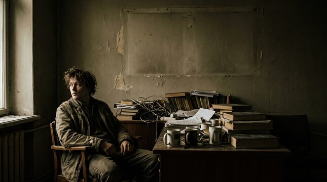 Disheveled man sitting at cluttered desk in dark abandoned room looking out window for inspiration.