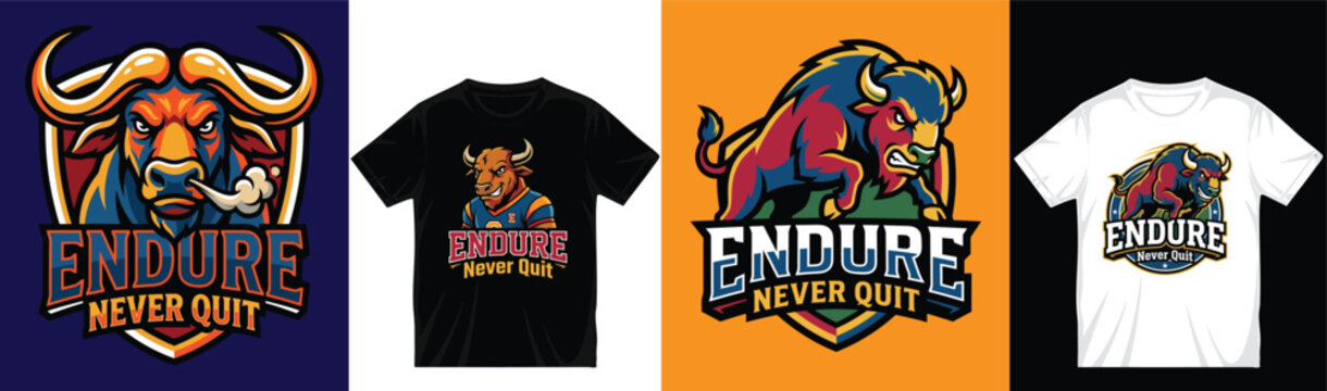 Bull and buffalo mascot logo collection for endure never quit apparel featuring powerful animal characters on t-shirt mockups with aggressive sports emblem illustrations.