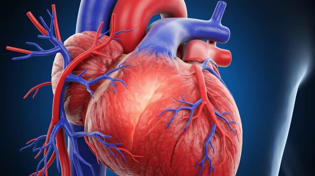 Beating human heart with glowing electrical impulse inside translucent chest cavity in 3D medical animation