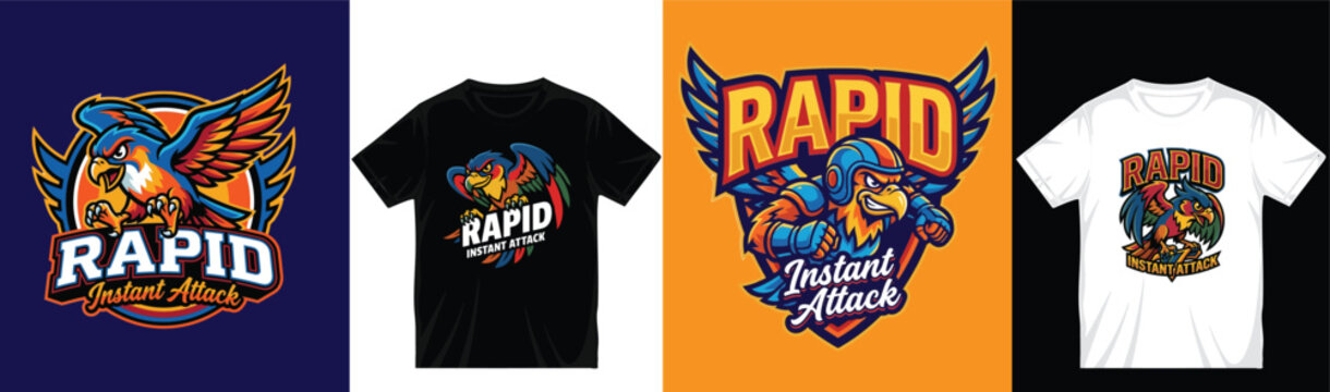 Eagle and hawk mascot design for rapid instant attack apparel featuring aggressive bird of prey characters on t-shirt mockups with colorful sports emblem vector graphics.