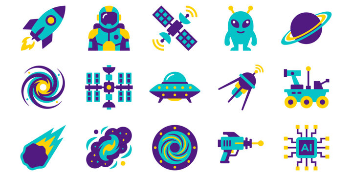 Colorful space and science fiction vector icons collection featuring rocket astronaut alien and planets.