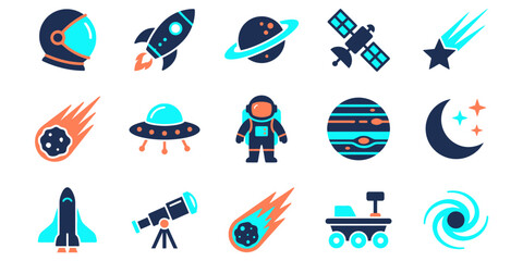 Space and astronomy flat vector icon set featuring rocket astronaut planet satellite and telescope. © LAILA